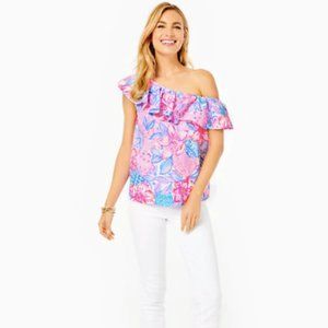 Lilly Pulitzer Zeldie One-Shoulder Ruffle Top Pink Isle Snappy Turtle